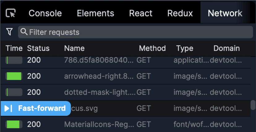 The network tab with a fast-forward button